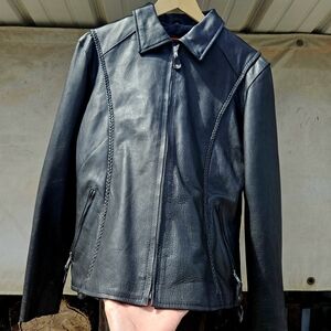 Rugged Womens Black Leather BIKER Zip Jacket with Braided Detail XL